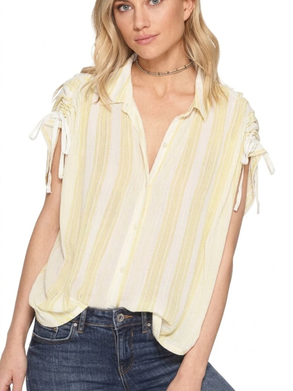 Free People Baby Blues Button Down Shirt M Yellow Stripe Cinch Tie Sleeve Boho
